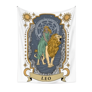 Detail of Leo zodiac tapestry featuring a woman riding a lion with celestial art