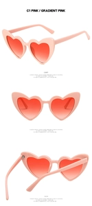 Three-angle view of pink heart-shaped sunglasses with gradient lenses and glitter frame