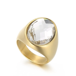 Chic gold-plated titanium steel ring with large oval-cut crystal gemstone centerpiece