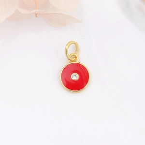 Gold round evil eye pendant with red enamel and zircon for DIY jewelry making