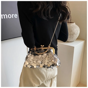 Detailed view of silver sequin evening bag with gold metal frame and chain strap accessory