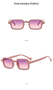 Detail of pink square Y2K sunglasses with purple gradient lenses and gold hinge accents