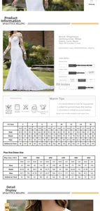 Detailed sizing chart for backless mermaid wedding dress featuring lace and long sleeves