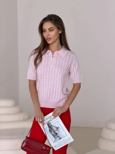 Women Knitted Polo Shirt Half Zipper Short Sleeve Hollow Out Pointelle Cotton Wool Blend Slim Fit Retro Top