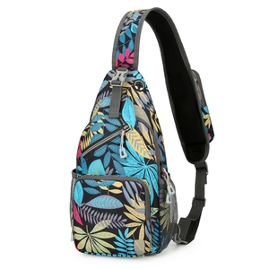 Waterproof tropical leaf print crossbody chest bag with adjustable mesh shoulder strap
