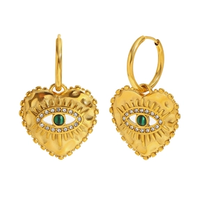 18K gold plated stainless steel heart evil eye earrings with green malachite stone