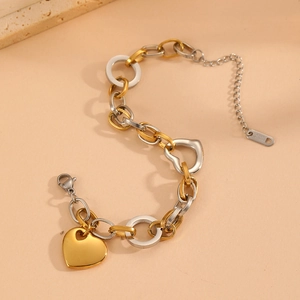 Bracelet à grosse chaîne en acier inoxydable bicolore avec pendentif en forme de cœur