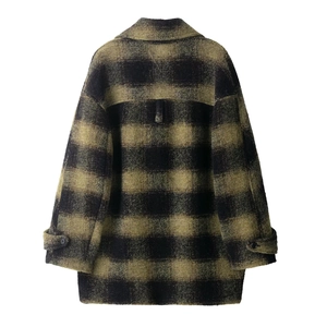 Women's yellow and black plaid wool blend coat with a back view and mid-length fit