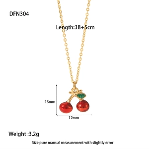 Detail of gold-plated cherry pendant necklace showing dimensions 12mmx13mm and 38+5cm chain
