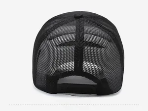 Detail view of the breathable mesh back and adjustable snapback closure of the black cap