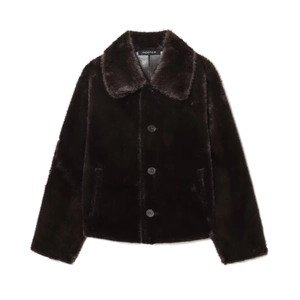 Flat lay of dark brown reversible faux fur jacket with lapel collar and black buttons