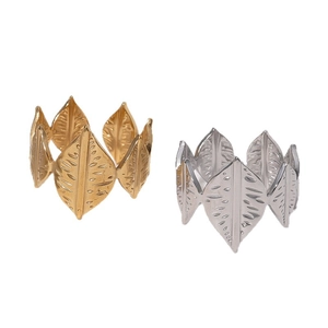 Adjustable leaf-shaped stainless steel rings in polished gold and silver metal finishes