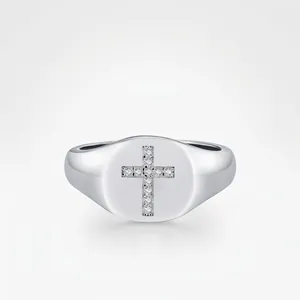 925 Sterling Silver Cross Signet Ring Moissanite Inlaid D Color VVS1 Neutral Hip Hop Style Jewelry For Men Women