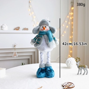 Detail showing 42cm blue plush snowman decoration with size and weight parameters