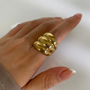 Three-layer 18K gold plated stainless steel chunky ring for women with polished finish