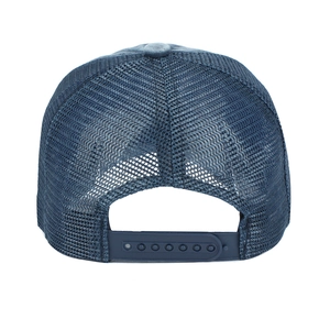 Close-up of navy blue trucker hat featuring breathable mesh and adjustable snapback closure