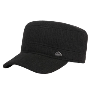 Classic black cadet cap with textured knit fabric and metal mountain peak emblem logo