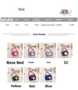 Detailed dimensions of the cartoon unicorn nylon crossbody bag showing 19cm width and 13cm height