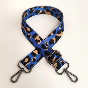 Detail of adjustable blue leopard print canvas shoulder strap with dark metal hardware