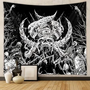 Gothic Skull Tapestry Black And White Horror Skeleton Wall Hanging Polyester Aesthetic Dark Art For Home Room Decor