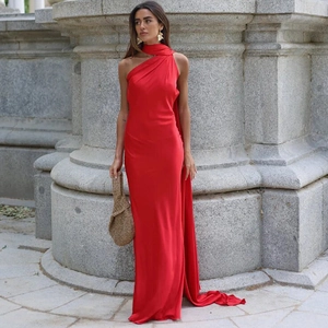 Elegant red one-shoulder satin maxi dress with slim fit and floor-length silhouette