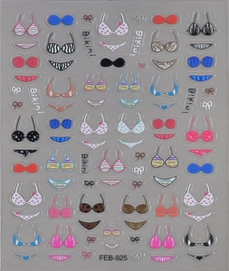 Detailed macro view of 3D embossed bikini nail art stickers with animal prints and bows