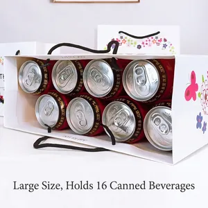 Floral paper gift bag with black handles showing large capacity for sixteen beverage cans