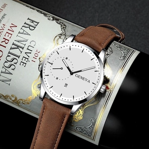 Classic men's quartz watch with silver steel case, white dial, and brown leather strap
