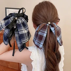 Elegant plaid bow hair scrunchie with long ribbon tassels and vintage metal pendant