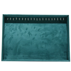 Dark green velvet jewelry display tray with metal hooks for necklaces and bracelets