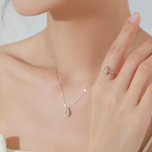 Luxurious S925 silver jewelry set with yellow teardrop gemstones worn by a model