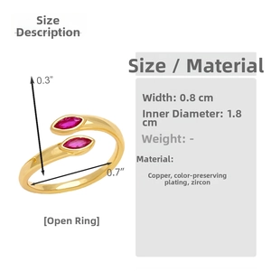 Detailed size specifications for adjustable gold ring with red zircon and copper plating