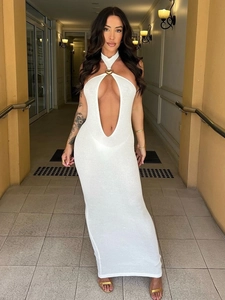 White halter neck cutout midi dress with ribbed knit texture and slim fit design