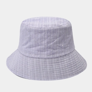 Lavender pleated bucket hat with sparkling silver rhinestones for a stylish look
