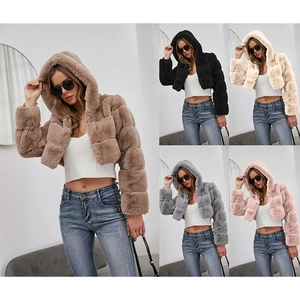 Women Faux Fur Hooded Coat Cropped Jacket Long Sleeve Zipper Solid Color Warm Outerwear Winter Fashion Casual