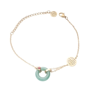 Bracelet vintage en acier inoxydable plaqué or 18 carats avec jade vert et pendentif Fu