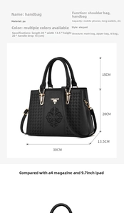 Detailed dimensions of elegant black PU handbag with embroidery and metal buckle decor
