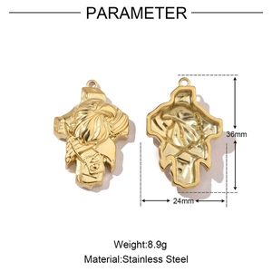 Polished golden eagle pendant details showing 36x24mm dimensions and stainless steel material