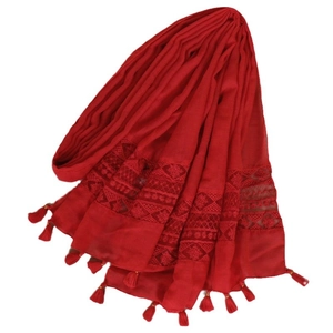 Elegant red lace fringe scarf for women, lightweight shawl with geometric embroidery