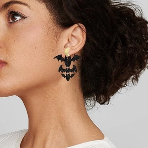 Gothic black glitter bat drop earrings for Halloween featuring a layered cascading design