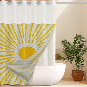Detail of white waffle shower curtain with sunburst pattern and metal grommet rings