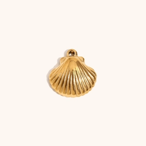 Detailed view of a gold-plated stainless steel shell pendant with a polished finish