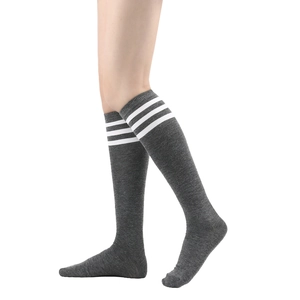 Detailed view of grey knee-high socks with three white stripes in preppy JK style