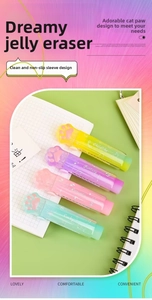 Detailed view of four colorful cat claw sliding erasers with translucent jelly texture