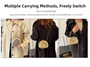 Chic shell-shaped evening bag in metallic gold and silver with beaded handle and chain