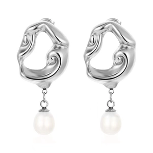 French retro silver irregular lava metal earrings with dangling white freshwater pearls