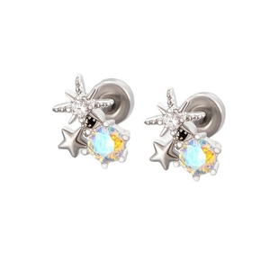 Silver star earrings with AB zircon and flat back screw for cartilage piercing