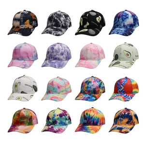 Tie dye baseball hats with avocado patterns in a colorful sixteen-piece display set