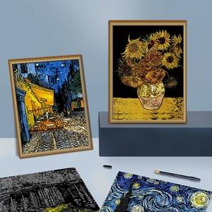 Van Gogh scratch art set including Starry Night and Sunflowers with tools