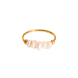 French style gold stainless steel ring featuring five natural freshwater pearls in a row